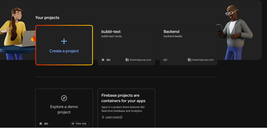 Firebase console landing page