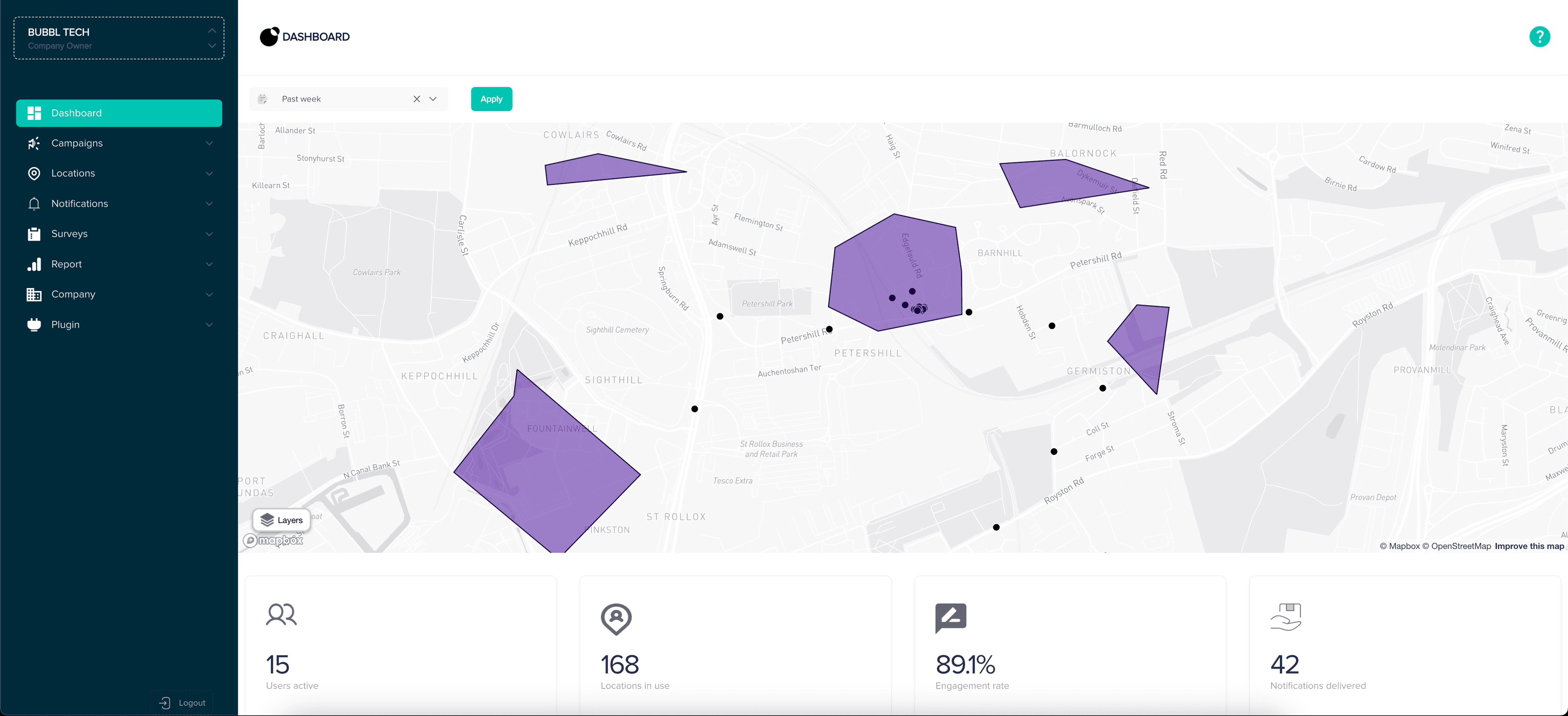 Bubbl dashboard showing a geofence on map
