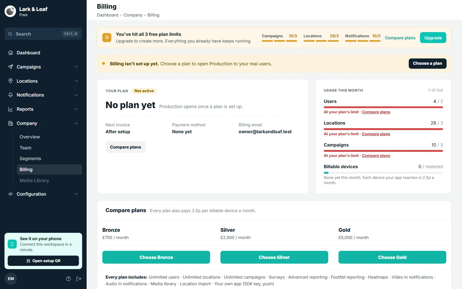 Company › Billing on the Free plan, with the free plan limits banner, Your plan, Usage this month at its limits and Compare plans