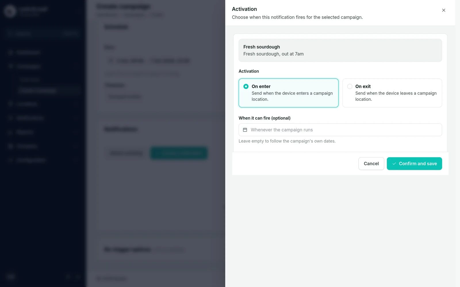 The Activation drawer with On enter selected