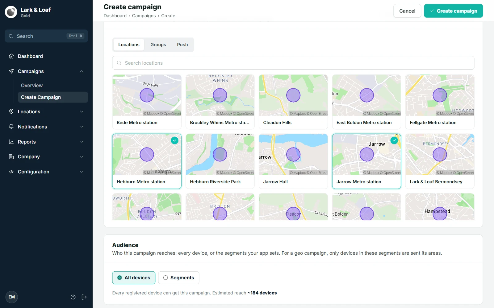 The Create campaign form with a location selected under Target scope