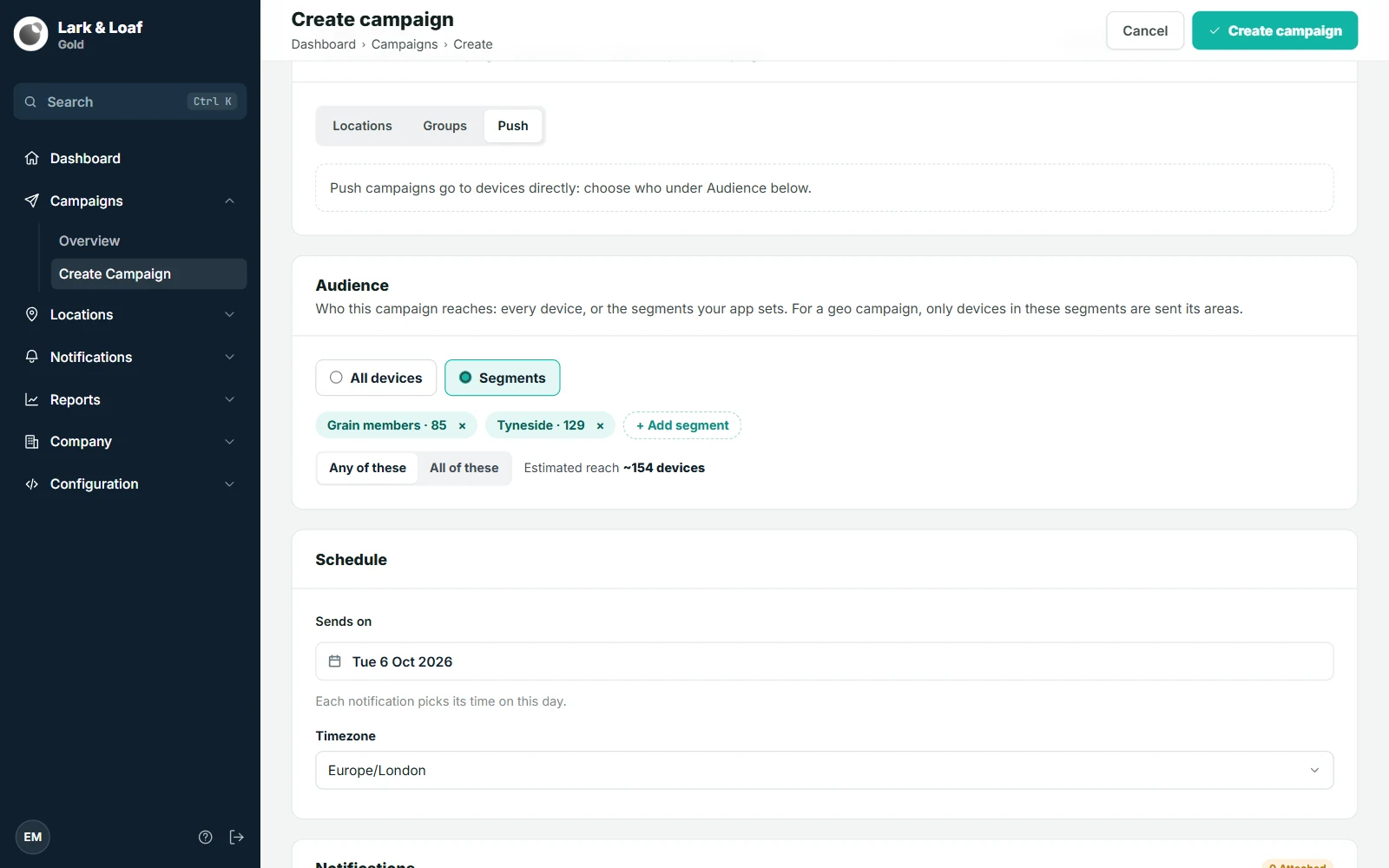 The Create campaign form with Target scope on Push and the Audience card showing two segments