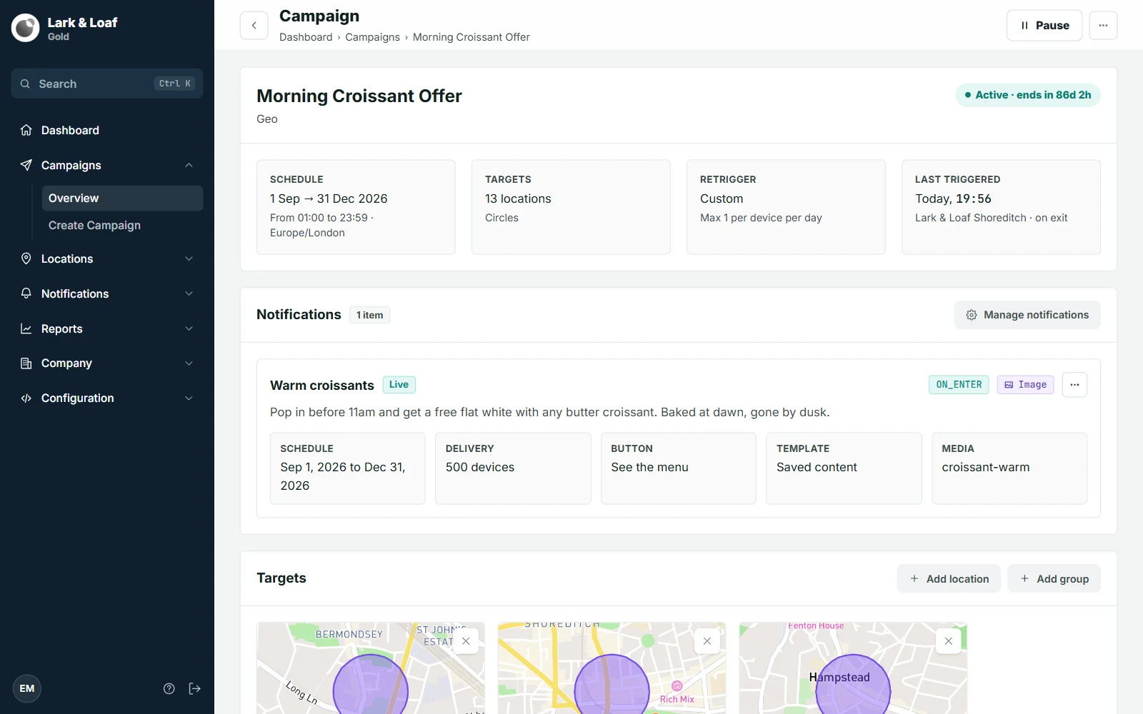 A geo campaign's page with the status pill, the Schedule, Targets, Retrigger and Last triggered tiles and the Notifications card