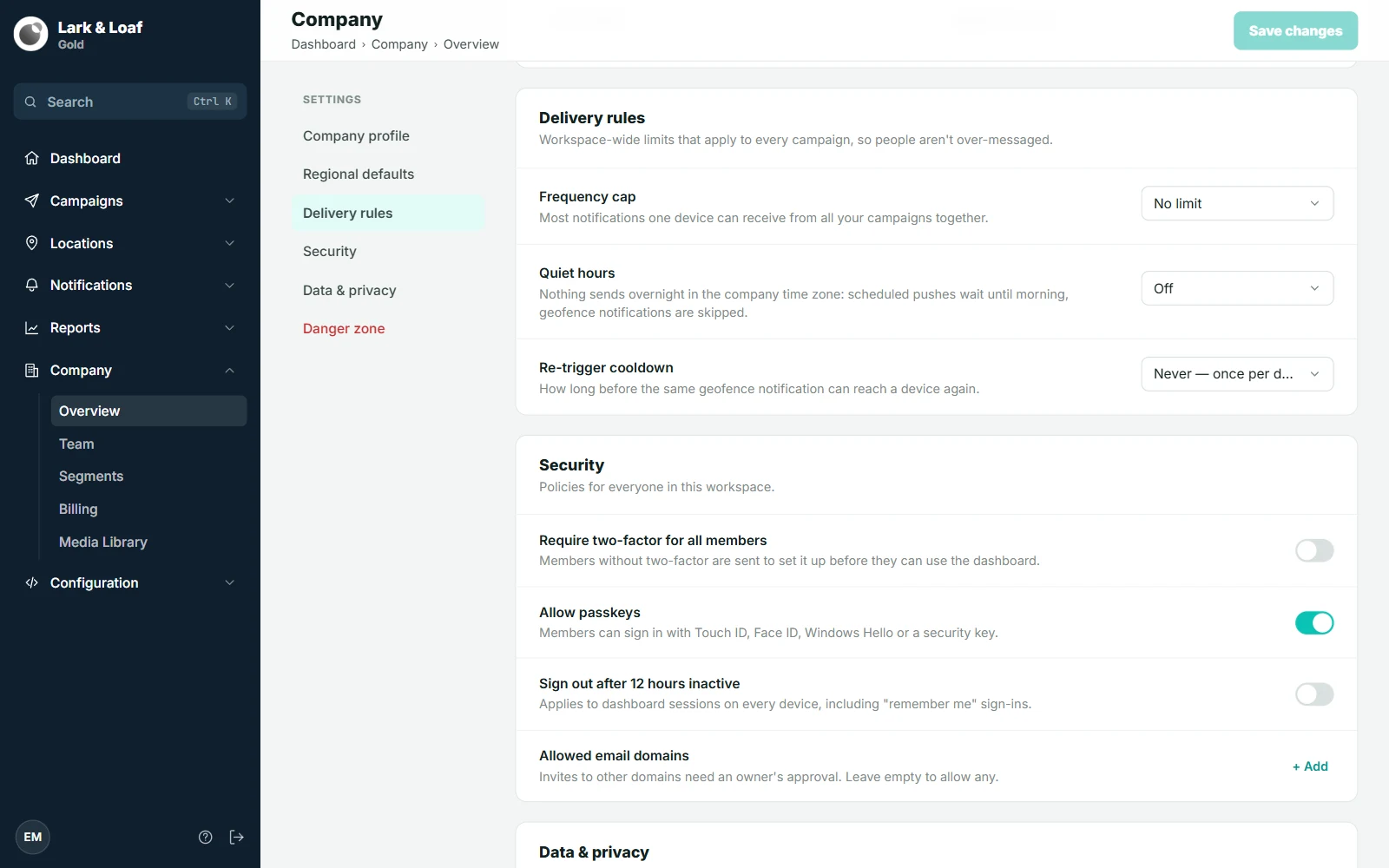 The Delivery rules section of Company › Overview with Frequency cap, Quiet hours and Re-trigger cooldown