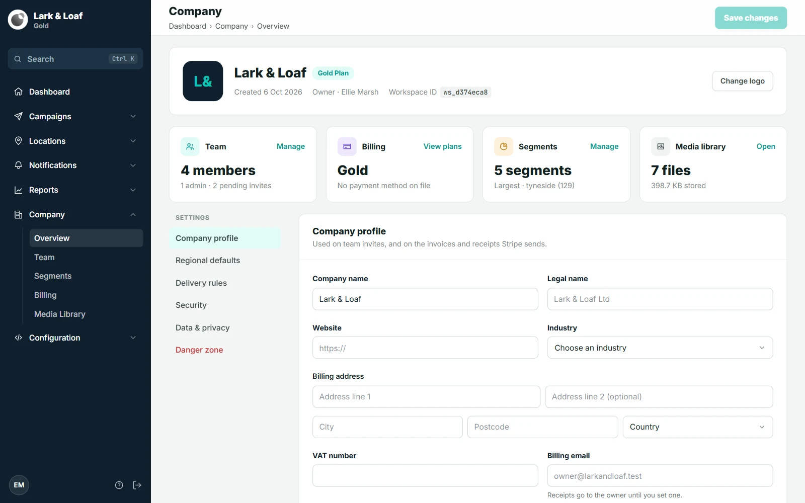 Company › Overview with the identity header, the Team, Billing, Segments and Media library tiles and the settings sections