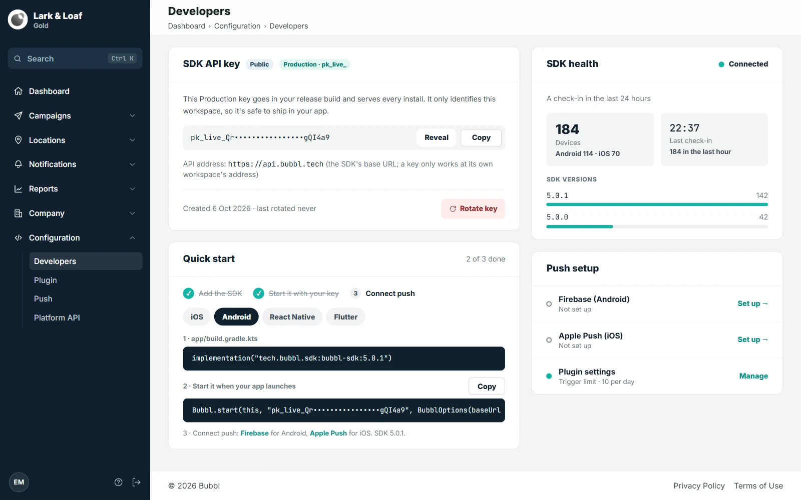 Configuration › Developers with the SDK API key card, Quick start, SDK health and Push setup