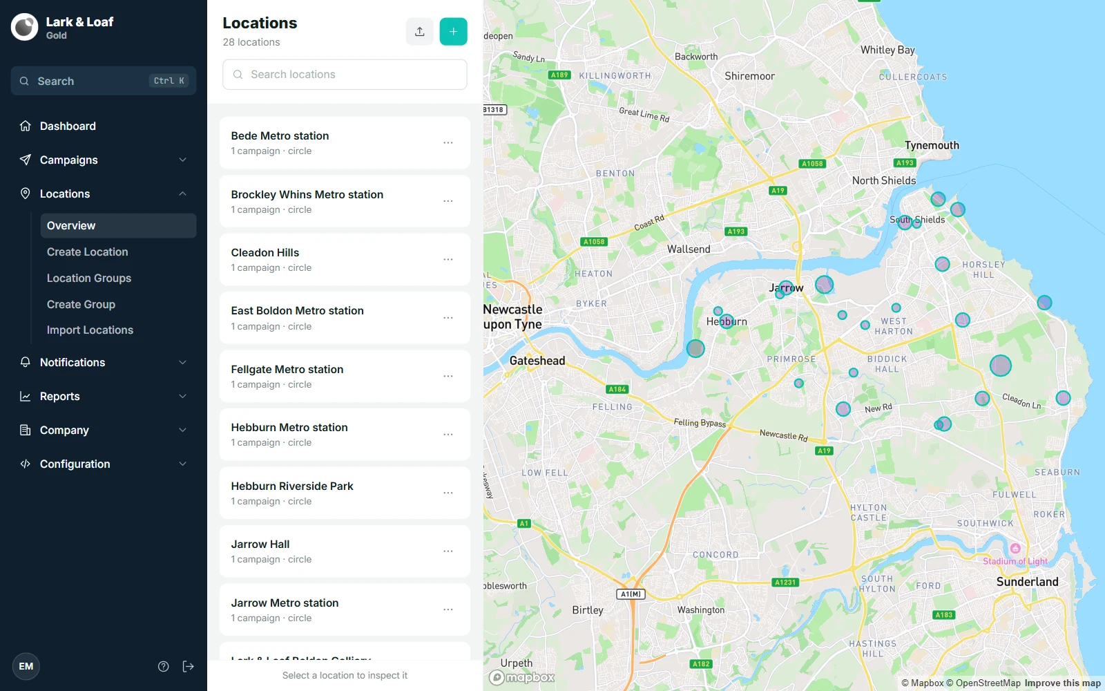 Locations › Overview zoomed on Tyneside, with many geofences close together