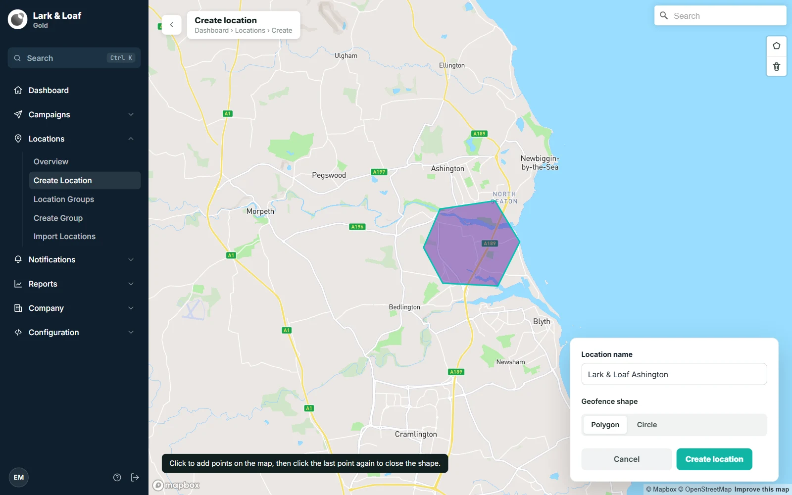 The Create location map editor with a polygon drawn and the form card showing Location name and Geofence shape