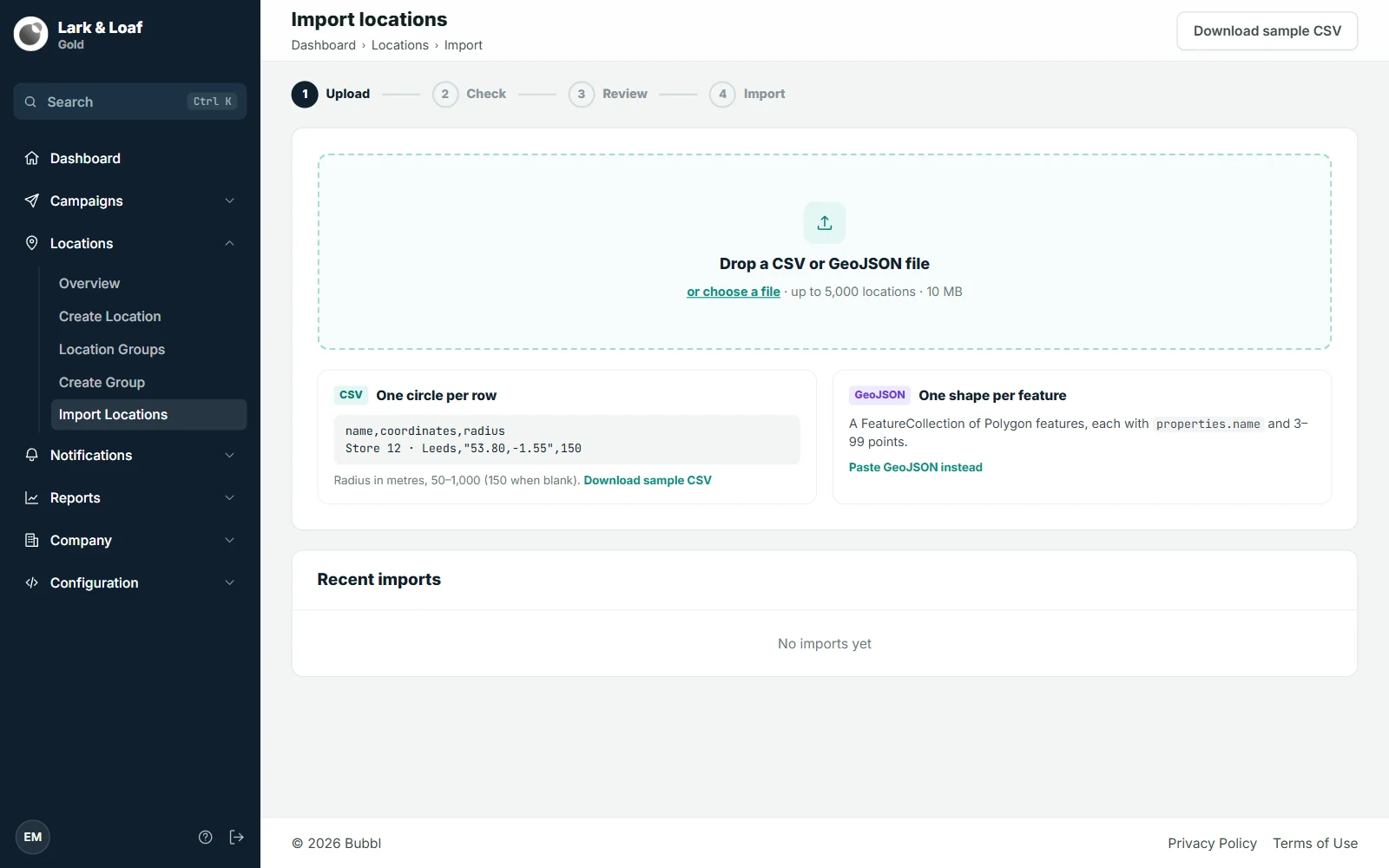 Import locations with the Upload, Check, Review and Import steps and the drop zone