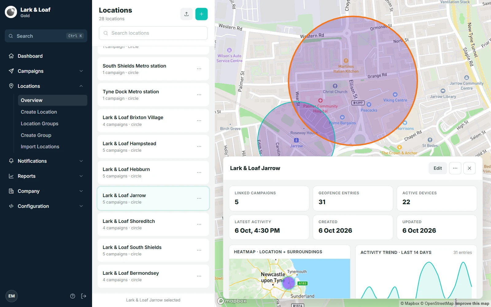 Locations › Overview with the list column on the left, the map, and a selected location's inspector card