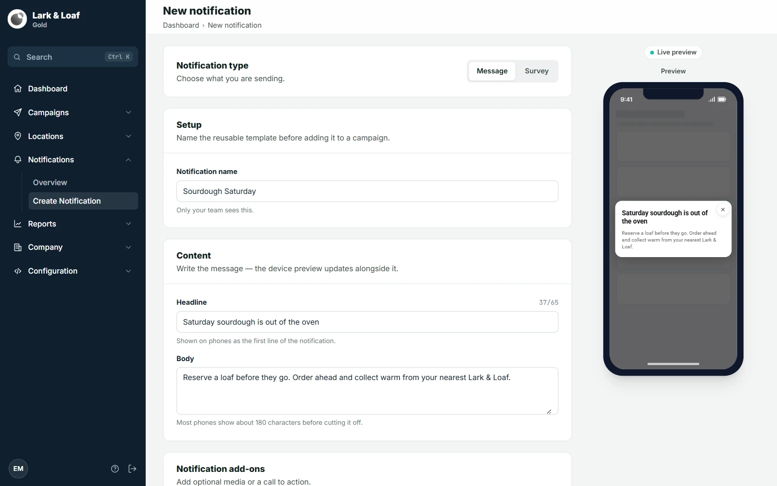 The New notification form beside its Live preview phone