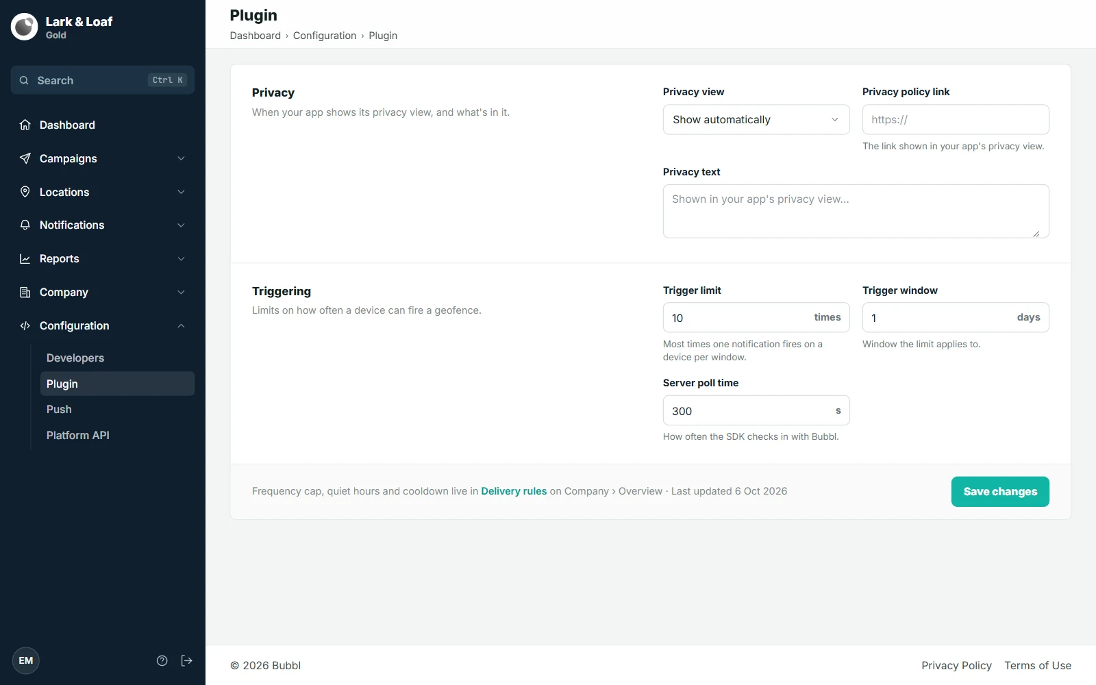 Configuration › Plugin with the Privacy view, Privacy text and Privacy policy link fields and the triggering settings
