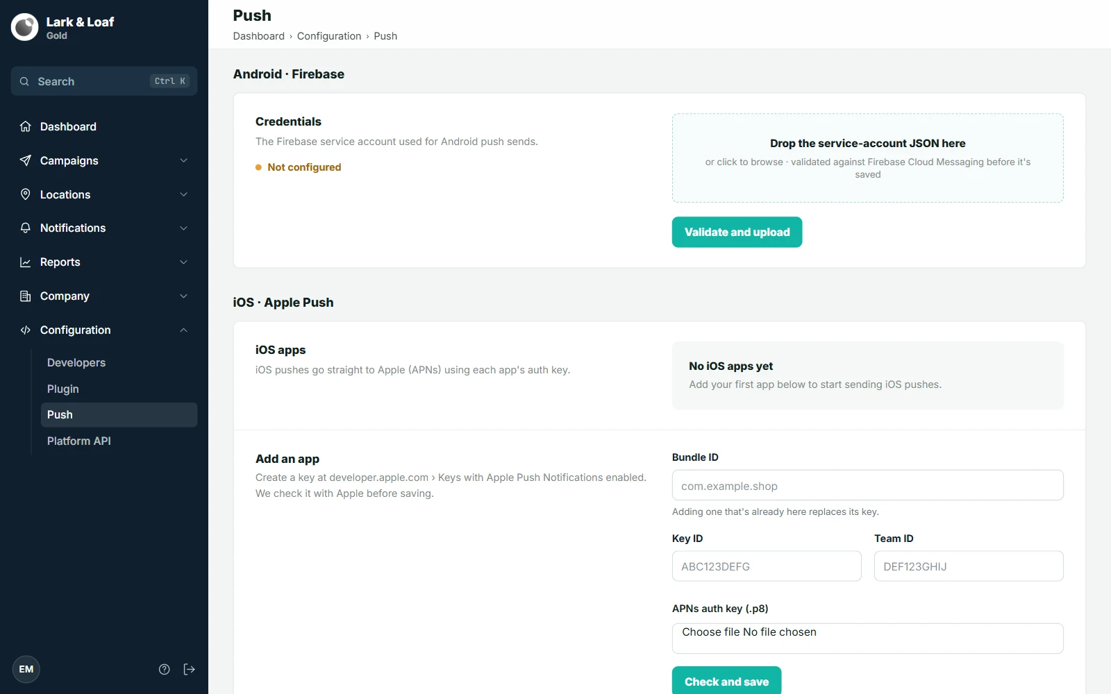 Configuration › Push with the Android · Firebase Credentials section and the iOS · Apple Push iOS apps list and Add an app form
