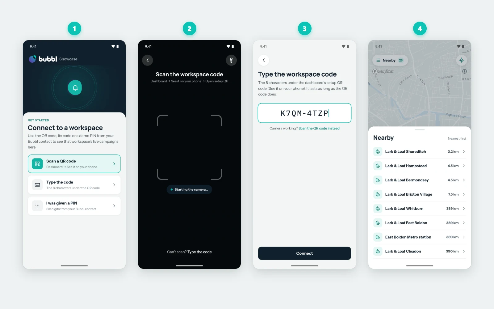 The Showcase app: the Connect to a workspace screen, scanning the code, typing the code, and the Nearby list once connected