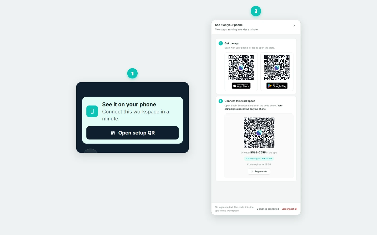 The See it on your phone card in the dashboard sidebar, and the drawer it opens with the App Store and Google Play codes, the connect code and its short code