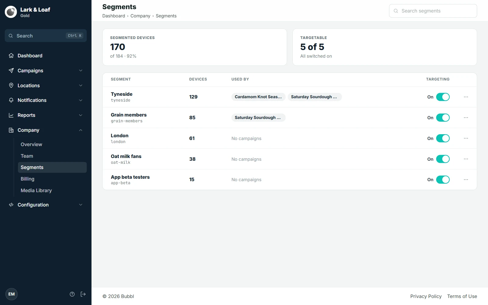 Company › Segments with the Segment, Devices, Used by and Targeting columns