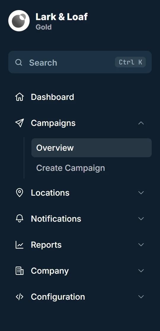 The dashboard sidebar with the company name and plan, search and the Campaigns, Locations, Notifications, Reports, Company and Configuration groups